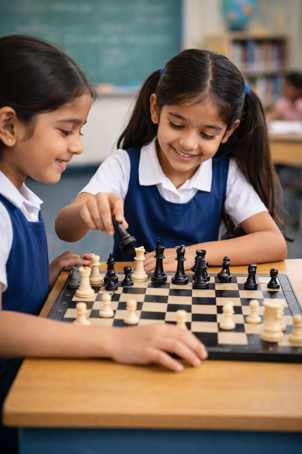 Girl playing chess in classroom